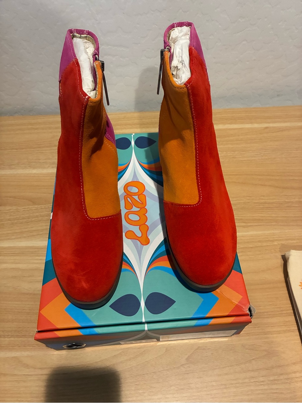 Colorblock Suede Ankle Booties in Red, Orange & Pink